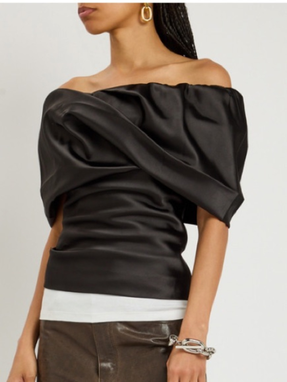 Entire Studios Barge Top in Black Sateen w Draped Off Shoulder Neck Line Ssense